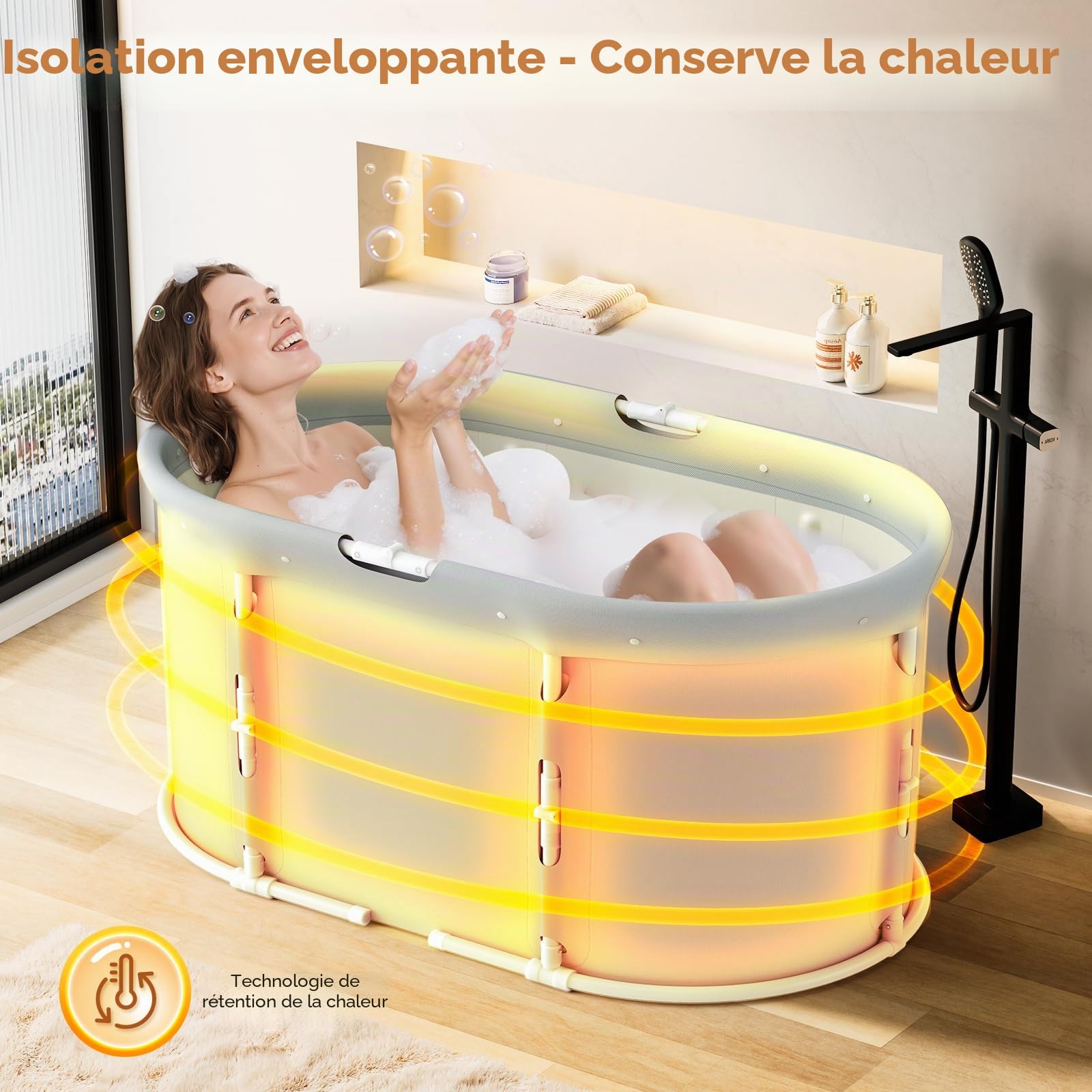 Baignoire pliable portable pour adultes, 110 Lx60Wx54 H cm, baignoire autoportante avec siège, spa avec douche chaude, baignoire pliable pour adultes et enfants (Gris-ovale)