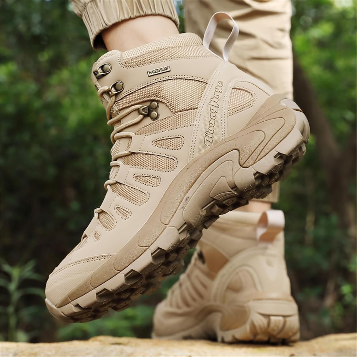 Men's Leather Mid Top Lace Up Waterproof Ankle Hiking Backpacking Boots Casual Round Toe Non Slip Military Tactical Boots for Trail Trekking Camping Walking Hunting Hiking Adventures Outdoor