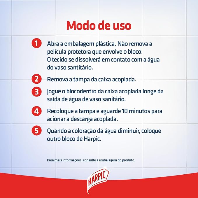 Instruções de uso do Harpic Bloco para Caixa Acoplada em 5 passos numerados, com o logo Harpic.