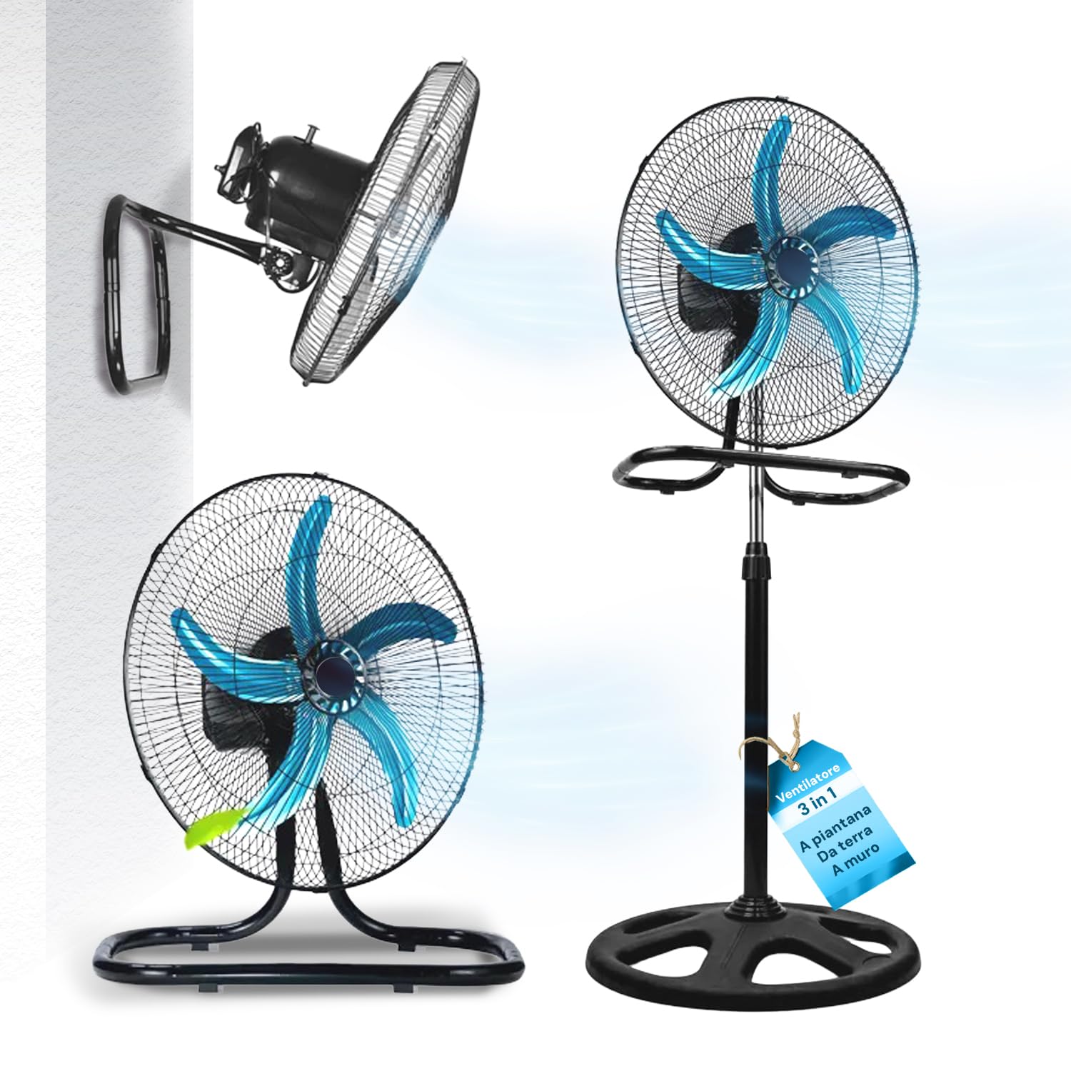 Wintem - Ventilatore 3 in 1 da Tavolo, Parete o Piantana con Oscillazione, Struttura in Acciaio, 50W, Altezza Regolabile, 3 Velocità e Pale da 50 cm per Raffrescamento Versatile