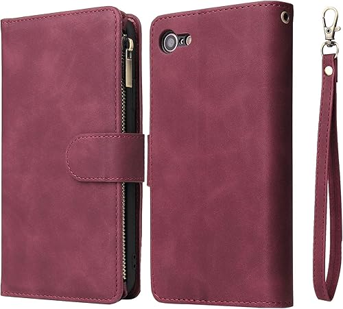 Miniatura 7 de QLTYPRI Funda tipo cartera para iPhone SE 2022 5GiPhone SE 2020iPhone 8iPhone 7, funda de piel sintética de alta calidad con bolsillo con cremallera