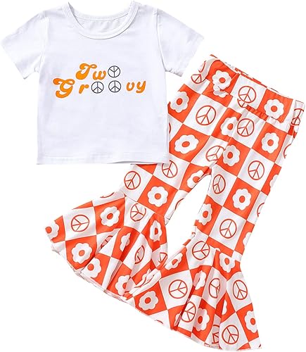 Conjunto de 2 piezas para bebé niña pequeña camiseta de manga corta con letras pantalones acampanados pantalones acampanados ropa de festival