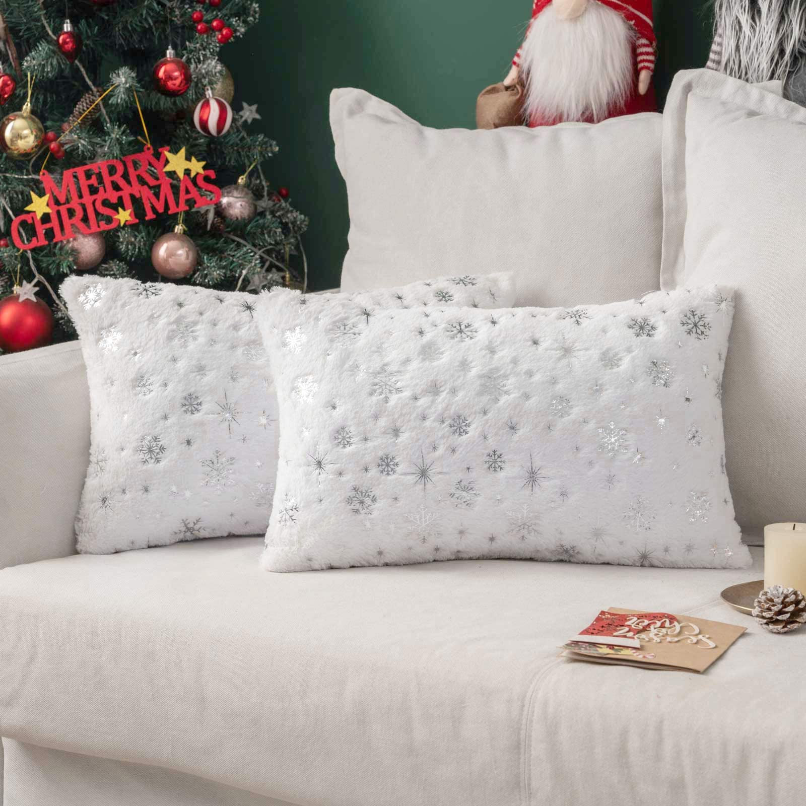 Housses de coussins Noël 30x50 cm blanc en fausse fourrure