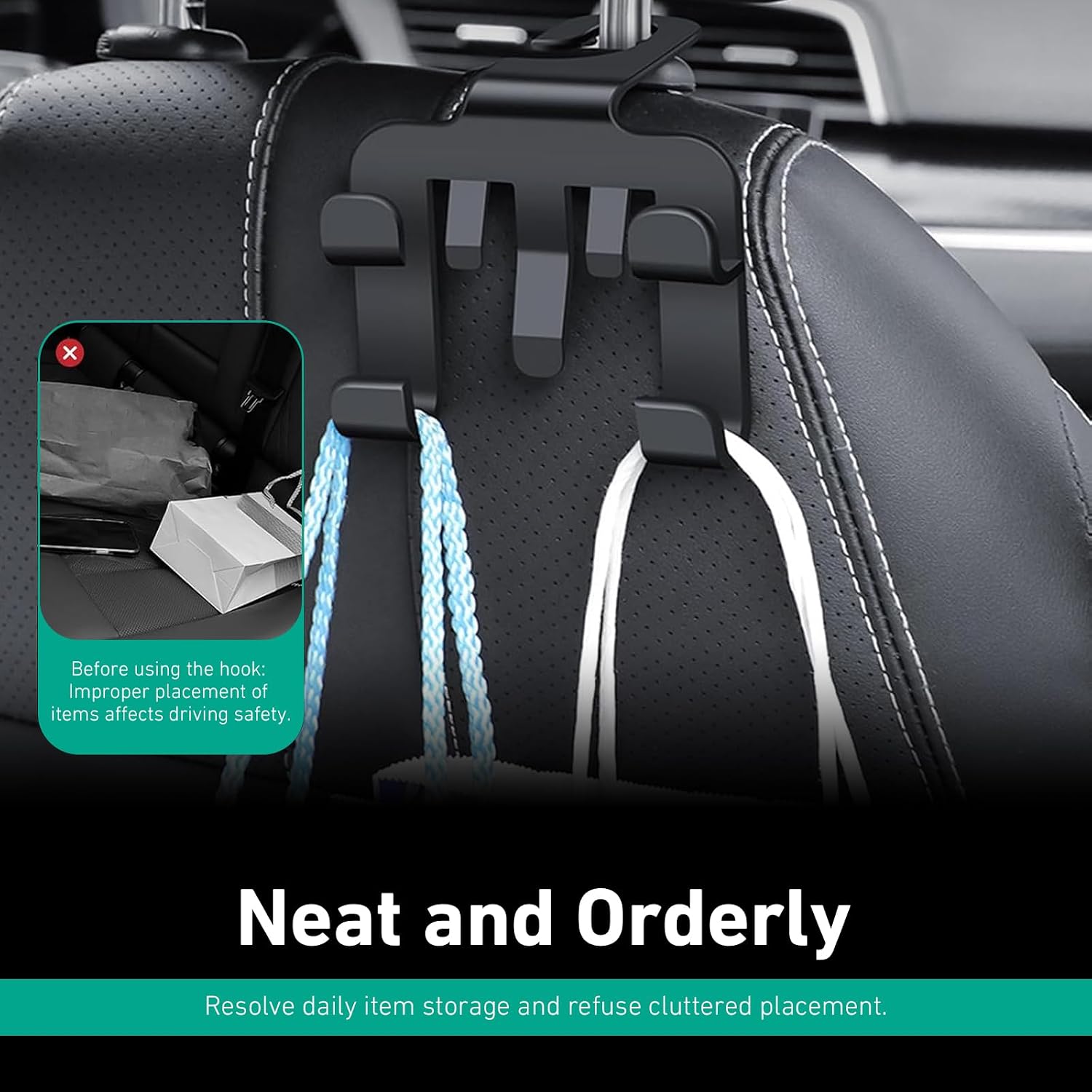 2 PCS Car Headrest Hooks, Multi-functional Seat Back Hanger for Phone & Bag & Umbrella, ABS Load Capacity Hidden Hanging Hook, Interior Organizer for Most Vehicles (Black)
