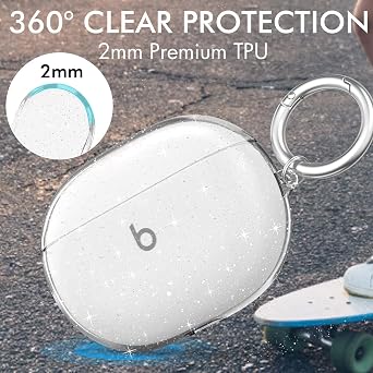 NIUTRENDZ Clear Case for Beats Studio Buds Case Soft TPU Protective Cover with Carabiner Compatible with Beats Studio Buds (Glitter Clear)