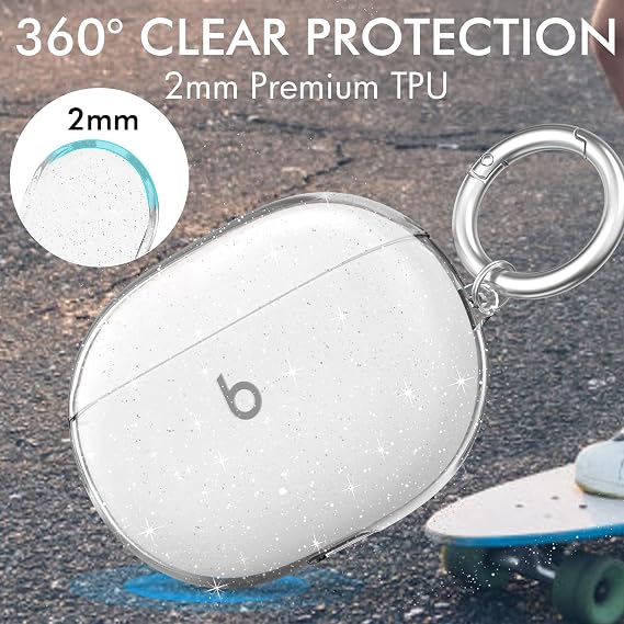 NIUTRENDZ Clear Case for Beats Studio Buds Case Soft TPU Protective Cover with Carabiner Compatible with Beats Studio Buds (Glitter Clear)