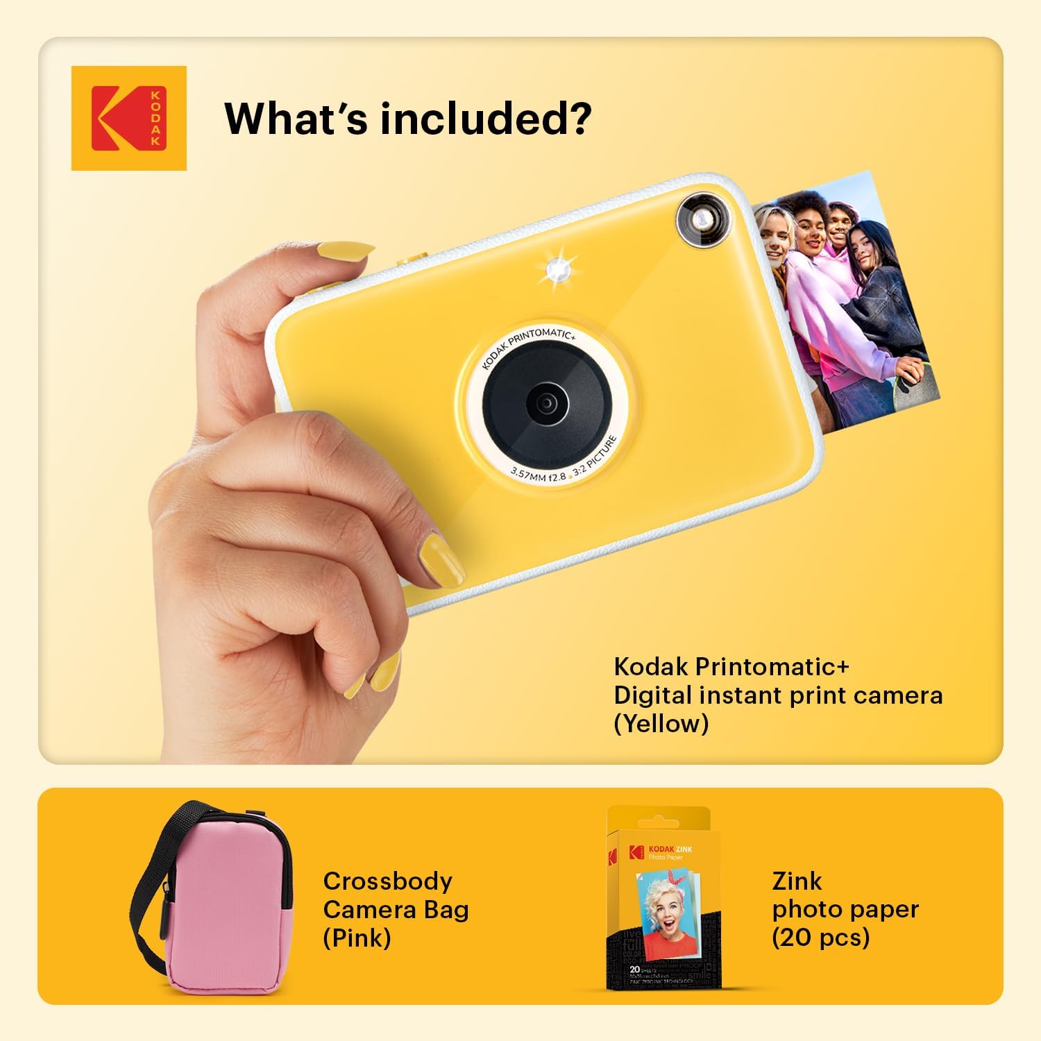 Kodak Printomatic+ Instant Print Digital Camera Starter Bundle + Carrying Case (Pink) + Zink 20pk Sticky-Back Photo Paper - 10MP, Full-Color Photos, GB LED Status Indicator - Yellow