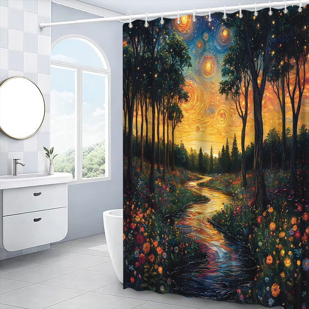 Enchanted Forest Starry Shower Curtain Rustic Fantasy Forest Flower Planet Garden Rural Wonderland Bath Decor Polyester Fabric Curtains 106X70 Inch