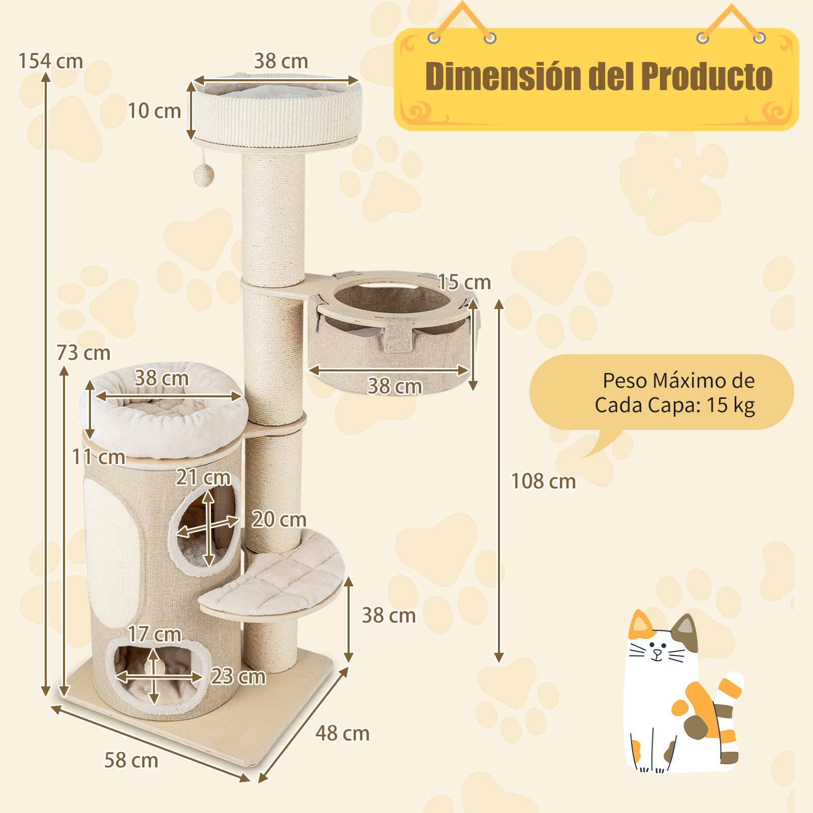 COSTWAY Árbol para Gatos de 154 cm, Rascador para Gatos con Condominio de 2 Pisos, Percha Superior, Postes Rascadores de Sisal, Alfombra de Sisal, Hamaca, Pelotas Colgantes, Cama Extraíble