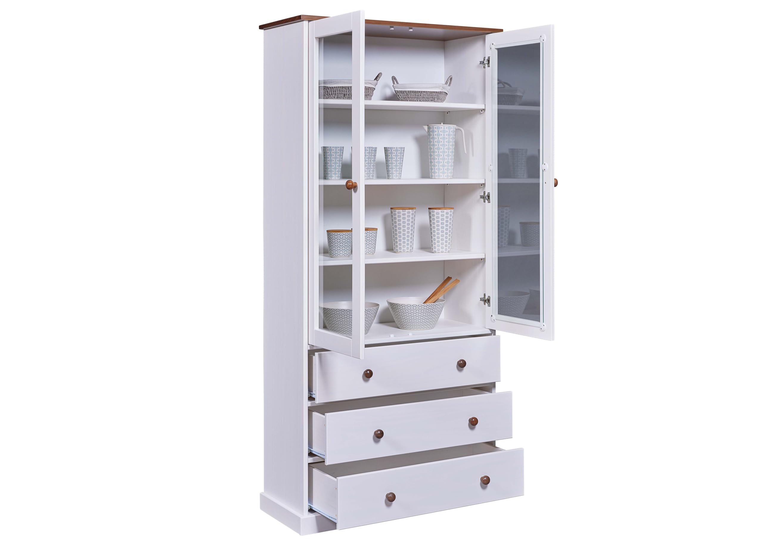 Inter Link – Vitrinenschrank – Buffet-Schrank - Geschirrschrank - Esszimmerschrank - Landhausstil – Vitrine - Kiefer - Massivholz FSC – 2 Türen – 3 Schubladen – 90 x 190 x 38 cm -Westerland 10 – Weiß