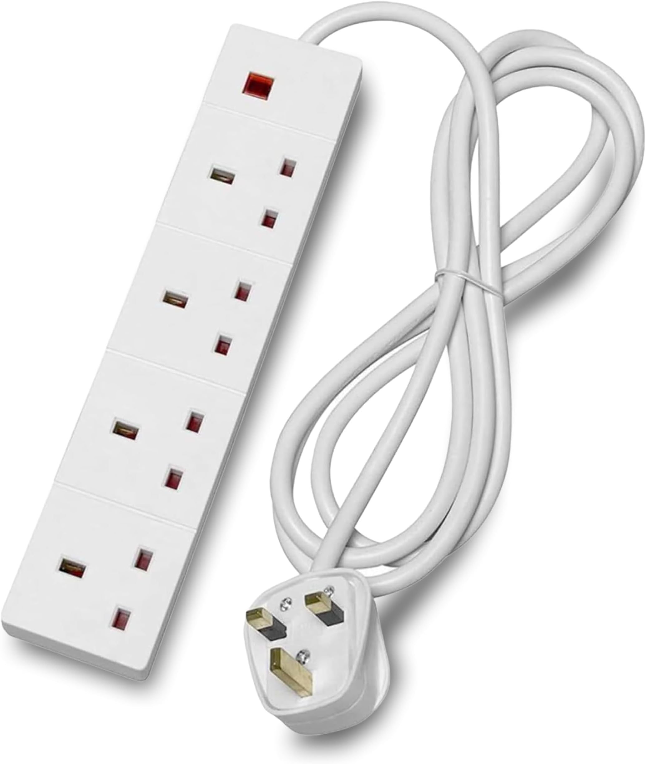 4 Way Socket Extension Lead, 4m Cable with Neon Power Indicator, 13A Multi-Plug Strip for Home or Office, Wall Mountable, White (S4W4MS6)