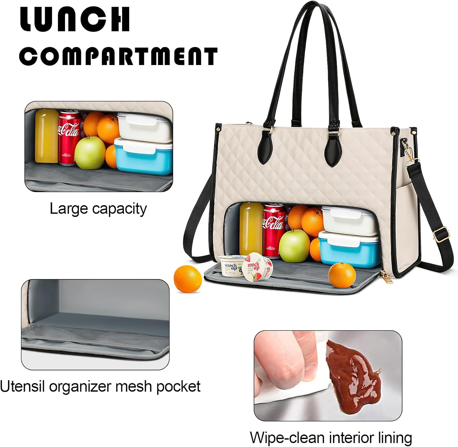 KKXIU Lunch Bag for Women - 15.6" Laptop Bag with Insulated Lunch Compartment, 2 in 1 Tote & Lunch Bags Combo with Large Capacity, Quilted Computer Handbag for Work, Office, Nurse, Teacher (Beige) - Image 5