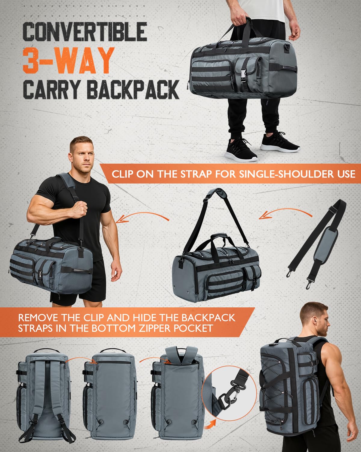 Gonex Bolsa de deporte y bolsa de viaje para hombre de 45 l, 3 en 1, portátil, con compartimento para zapatos, para gimnasio, entrenamiento y viajes (gris)