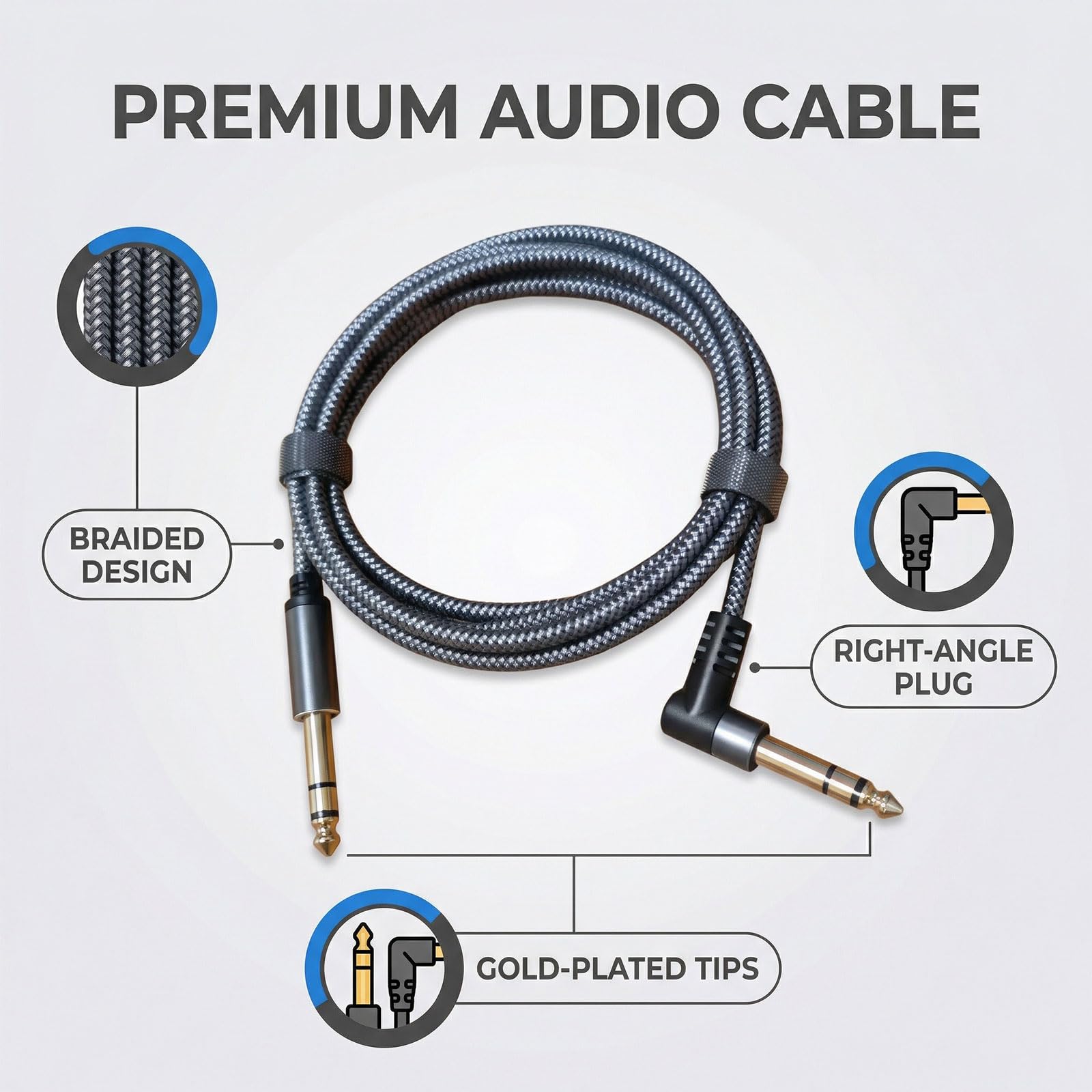 3m Câble Jack de Guitare électrique 6,35 mm, Câble d’Instrument Jack Coudé vers Jack pour Guitare Électrique, Basse, Batterie, Pédales, Amplificateurs, Mixeurs, Tuner, Haut-Parleurs