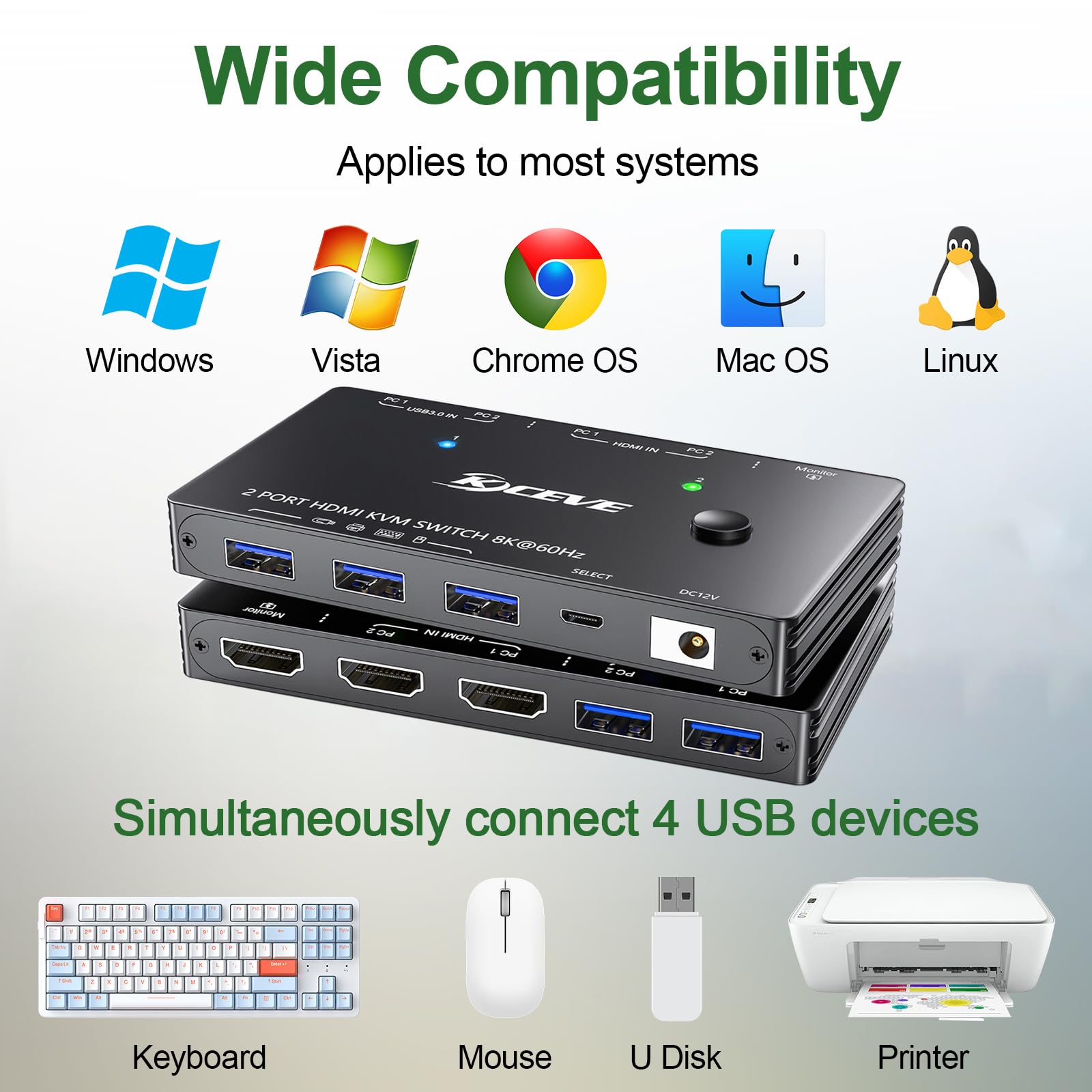 Przełącznik KVM 8K@60Hz 4K@120Hz, ESKEVE HDMI KVM Switch dla 2 komputerów dzielących 1 monitor i 3 urządzenia USB3.0, przewodowy pilot zdalnego sterowania i kabel USB w zestawie
