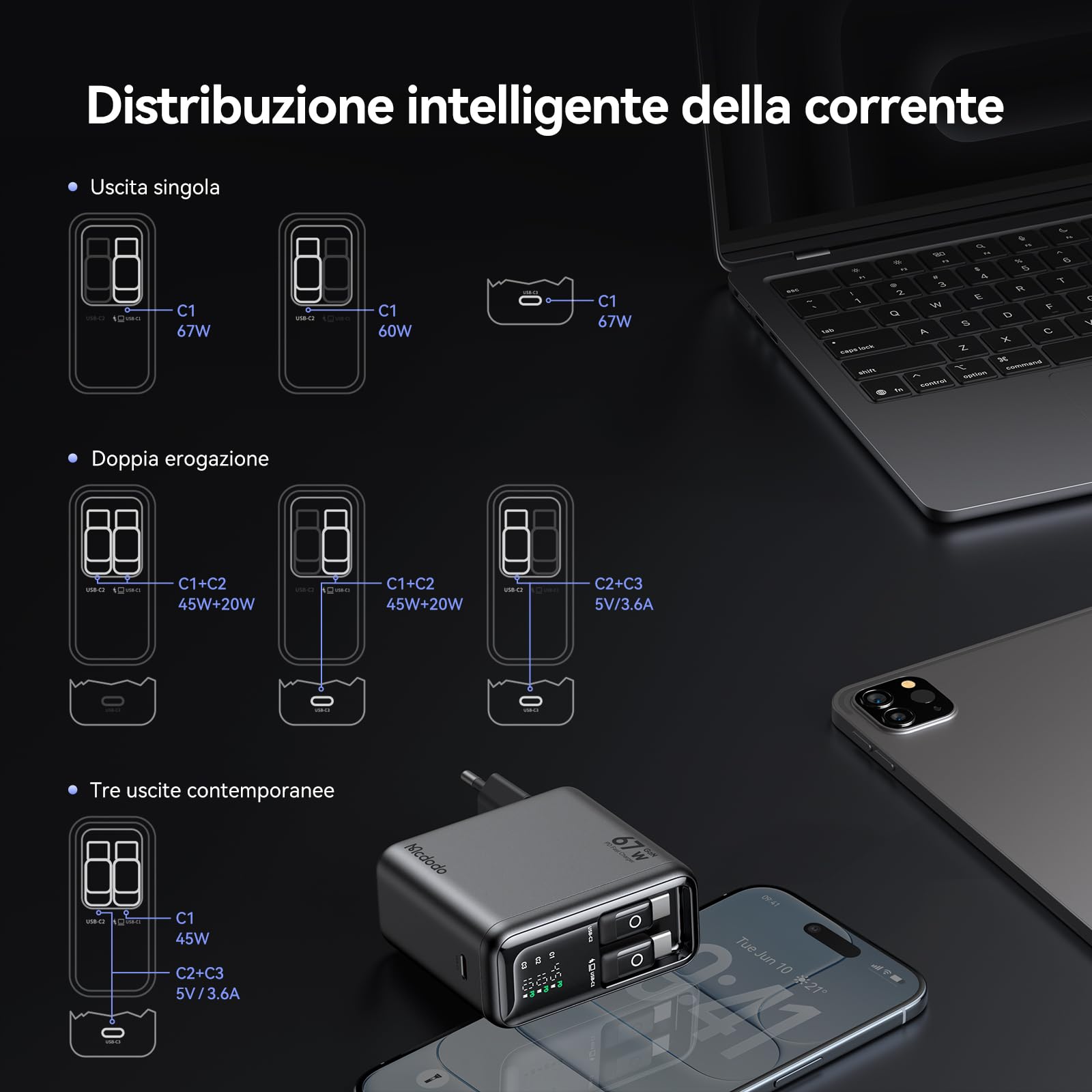 Mcdodo Caricatore USB-C 67W GaN con 2 Cavi USB-C Retrattili Integrati, Display Digitale LED, Alimentatore USB-C a 3 Porte con Ricarica Rapida per MacBook Air/Pro, iPhone 17/16/15, Galaxy, iPad