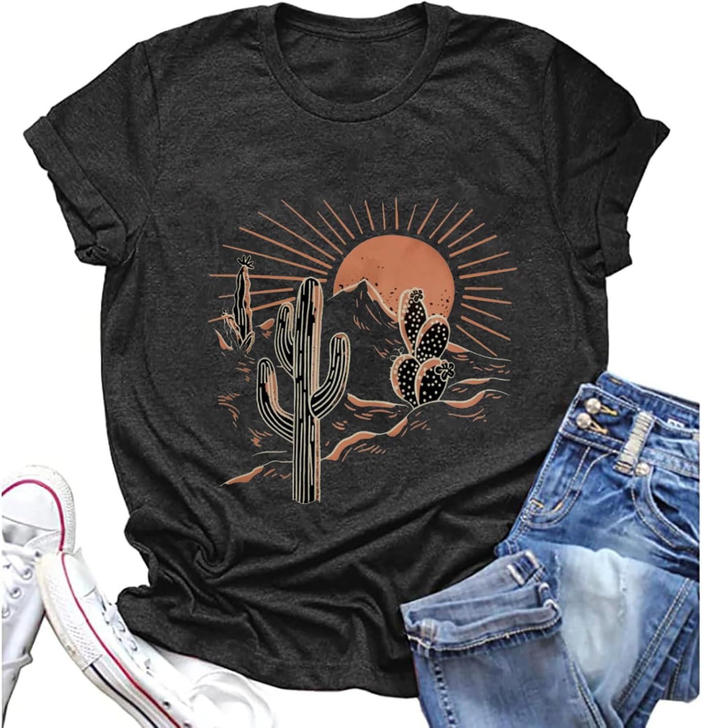 Women Adventure Shirts Retro Desert Sunrise T-Shirt Funny Hike Mountain Nature Travel Graphic Workout Tees Tops
