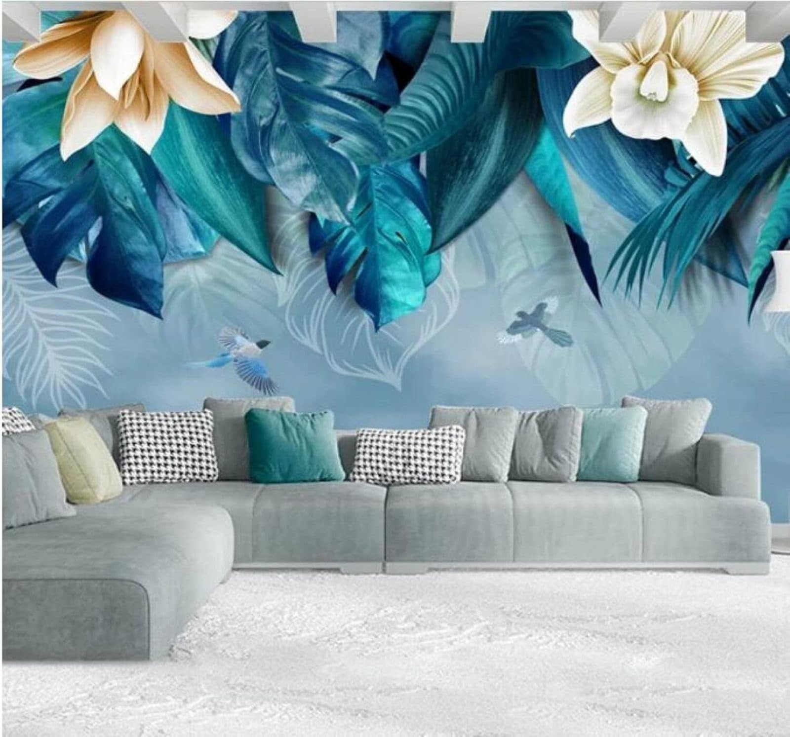XLMING Hand Drawn Blue Leaves Flowers Birds 3D Wallpaper Luxury Home Dining Decor Paste Sofa Living Room The Wall for Bedroom Mural-250cm×170cm