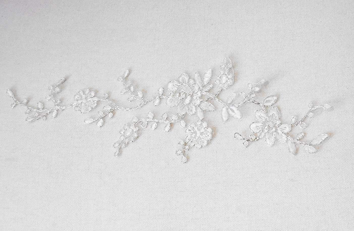 2 Pieces X Ivory Silver Cords lace Applique Ivory Embroidered Motifs Patches sew on Flowers Tulle lace Motif Applique (S4e)