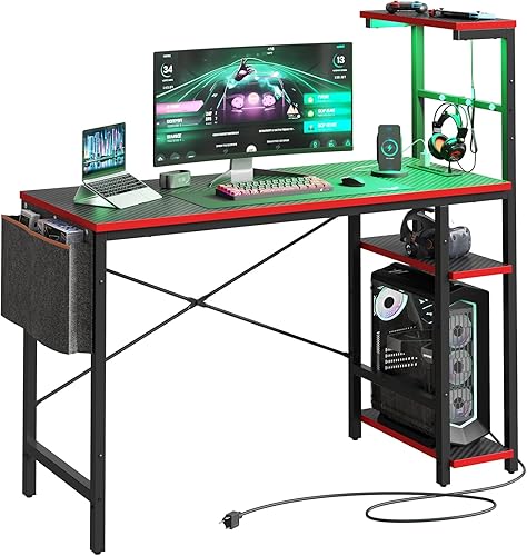 Miniatura 8 de Bestier Escritorio para juegos con tomas de corriente, escritorio LED de 44 pulgadas con estantes reversibles de 4 niveles, mesa de juegos de PC con