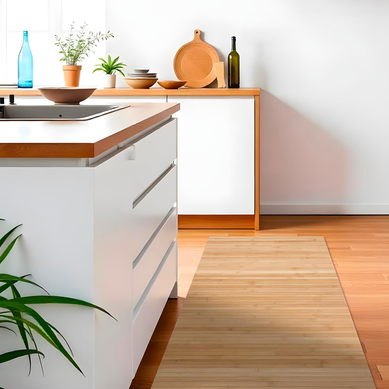 PARAMAISON Tappeto Bamboo Cucina Soggiorno Corridoio, Passatoia Fondo Antiscivolo, Antimacchia, Multiuso, Lavabile | Naturale 50x250cm