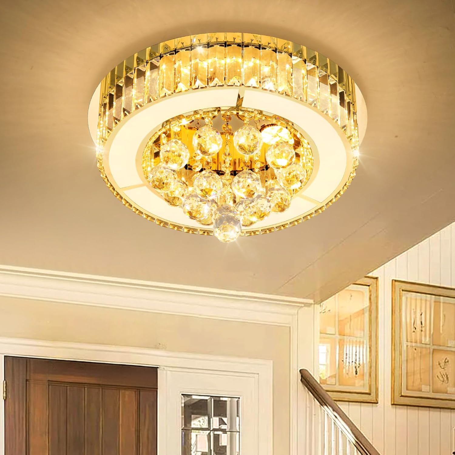 15.7'' Modern Crystal Chandeliers for Dining Room LED Dimmable Flush Mount Light Fixtures Living Room Bedrooms Gold