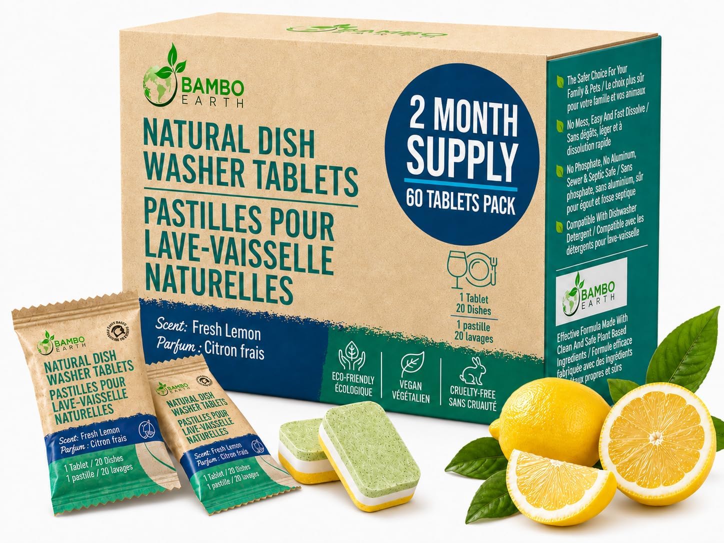 Natural Dishwasher Detergent Tablets - Plant Based Alternative Refill Pack Dishwashing Tabs - Eco-Friendly And Plastic Free Way To Cleaner Dishes - 30/60/90 Refills Dish Washer Soap Pods (60 Pack)