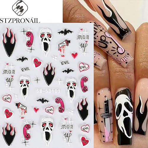 Miniatura 2 de 6 hojas de calcomanías de arte de uñas de Halloween, 5D estéreo, autoadhesivas, diseño de ojos holográficos, fantasma, llama, calabaza, día de los