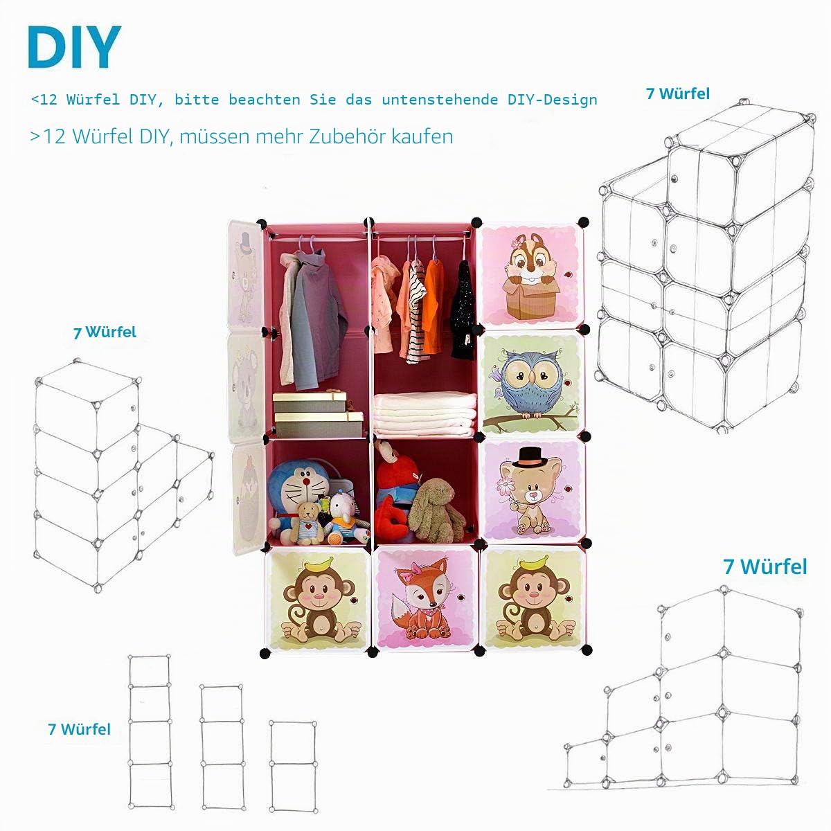 BRIAN & DANY Erweiterbares Kinderregal Kinder Kleiderschrank Stufenregal Bücherregal mit Türen & 2 Aufhängern, Tiefere Fächer als Normal (45 cm vs. 35 cm) für Mehr Platz, 110 x 47 x 147 cm, Rosa