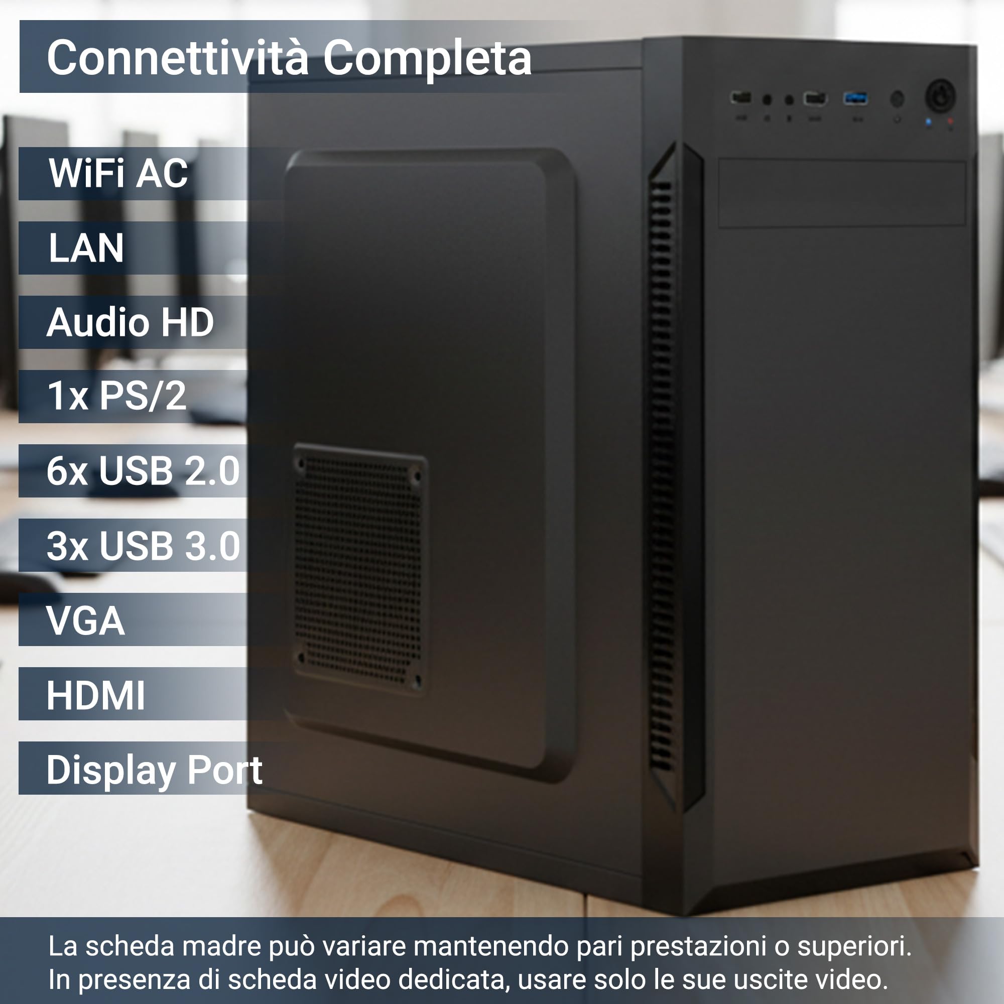 PC Fisso Completo - Computer Desktop Intel Core i5-12400 • RAM 16GB DDR4 • SSD 500GB NVMe M.2 • Grafica Intel UHD 730 • Wi-Fi AC e Bluetooth • Masterizzatore DVD • HDMI • USB 3.0 • Windows 11 Pro