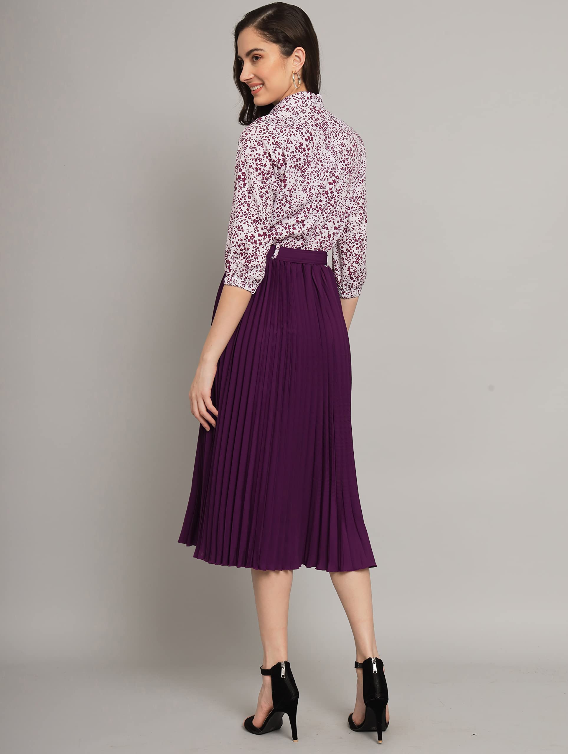 Kzully | Elegant A-Line Dress Collared V-Neck Top, Pleated Skirt With Elastic Waist, Includes Belt Purple
