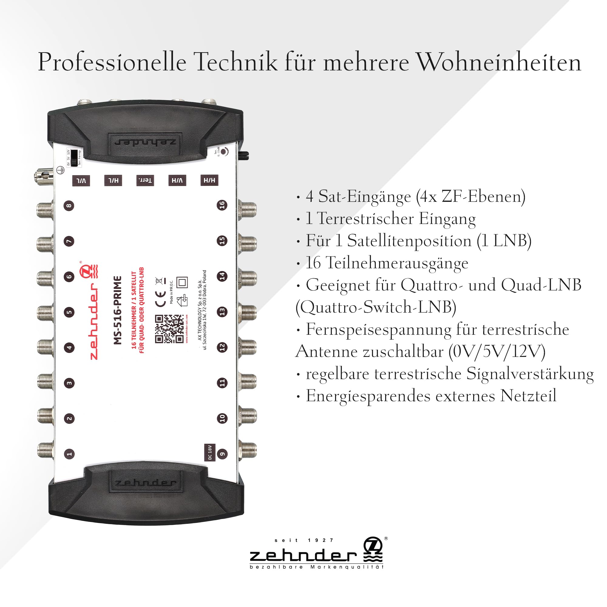 [ Test très bien *] Commutateur multiple ZEHNDER 5/16 pour LNB Quattro & Quad LNB, commutateur multiple pour 1 satellite et 16 participants (TV, récepteur satellite), répartiteur satellite numérique