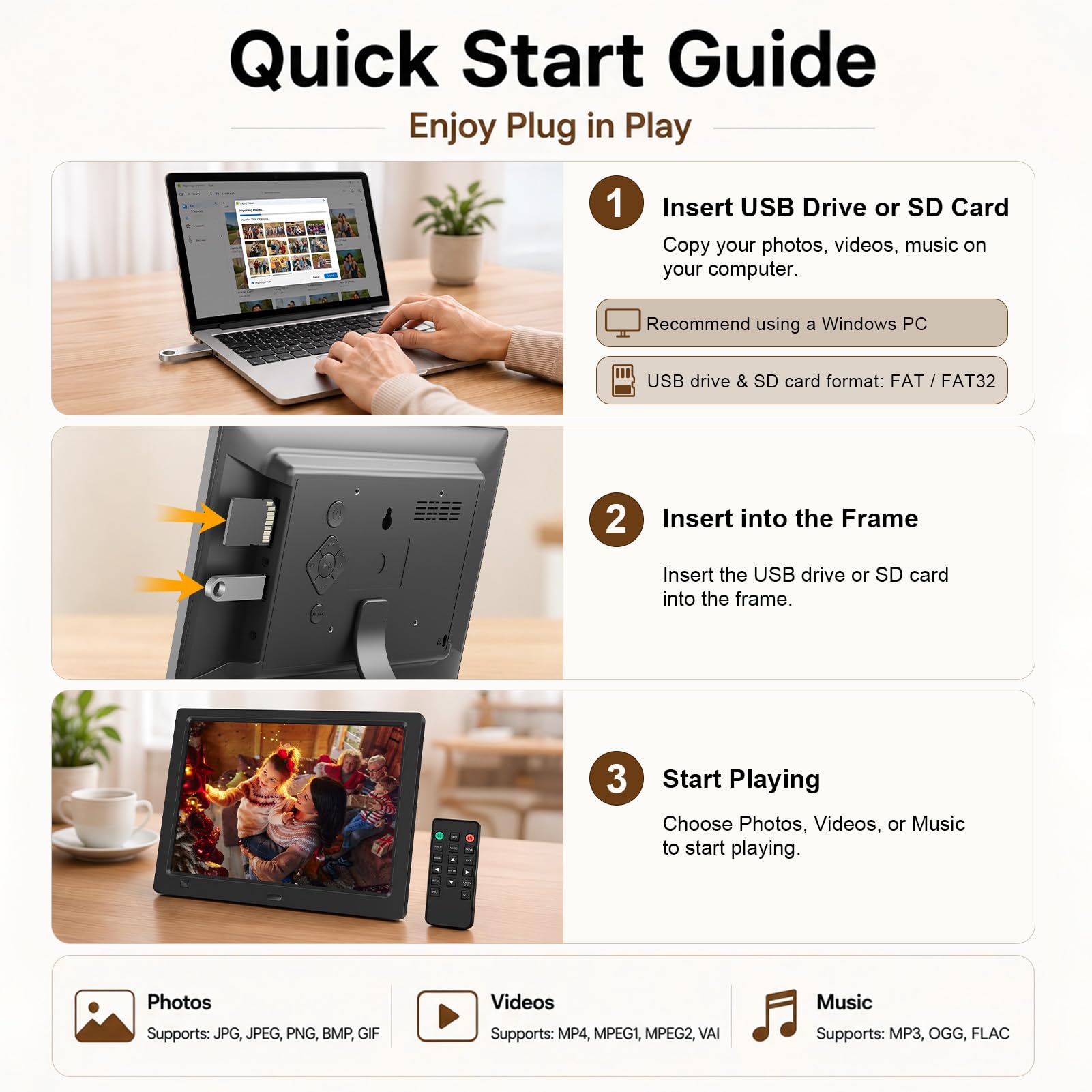 Cadre photo numérique 10,1" avec clé USB de 32 Go, écran HD IPS 1920 x 1080, capteur de mouvement, vidéo, musique, partager des moments via carte SD ou USB, avec télécommande, noir