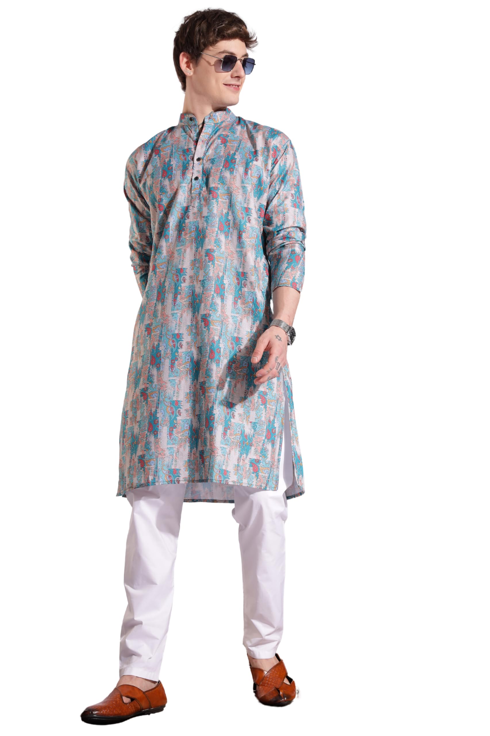 Printed Long Kurta Hand-Woven Khadi Kurta for Men – Traditional Ethnic Wear with Mandarin Collar and Full Sleeves, Comfortable & Stylish, 100% Cotton Fabric-image-47