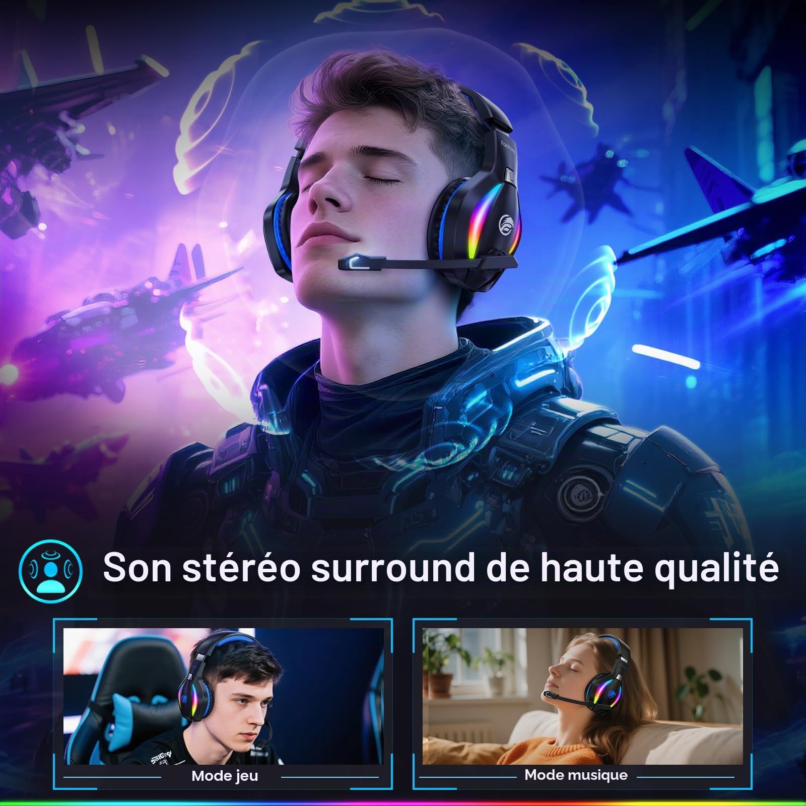 Fachixy FC100 Casque de Jeu sans Fil avec Microphone, 2,4 G, pour PS5, PS4, PC, Switch, Mac, Son Surround, Bluetooth, sans Fil, avec lumière LED, Plus de 50 Heures d'autonomie