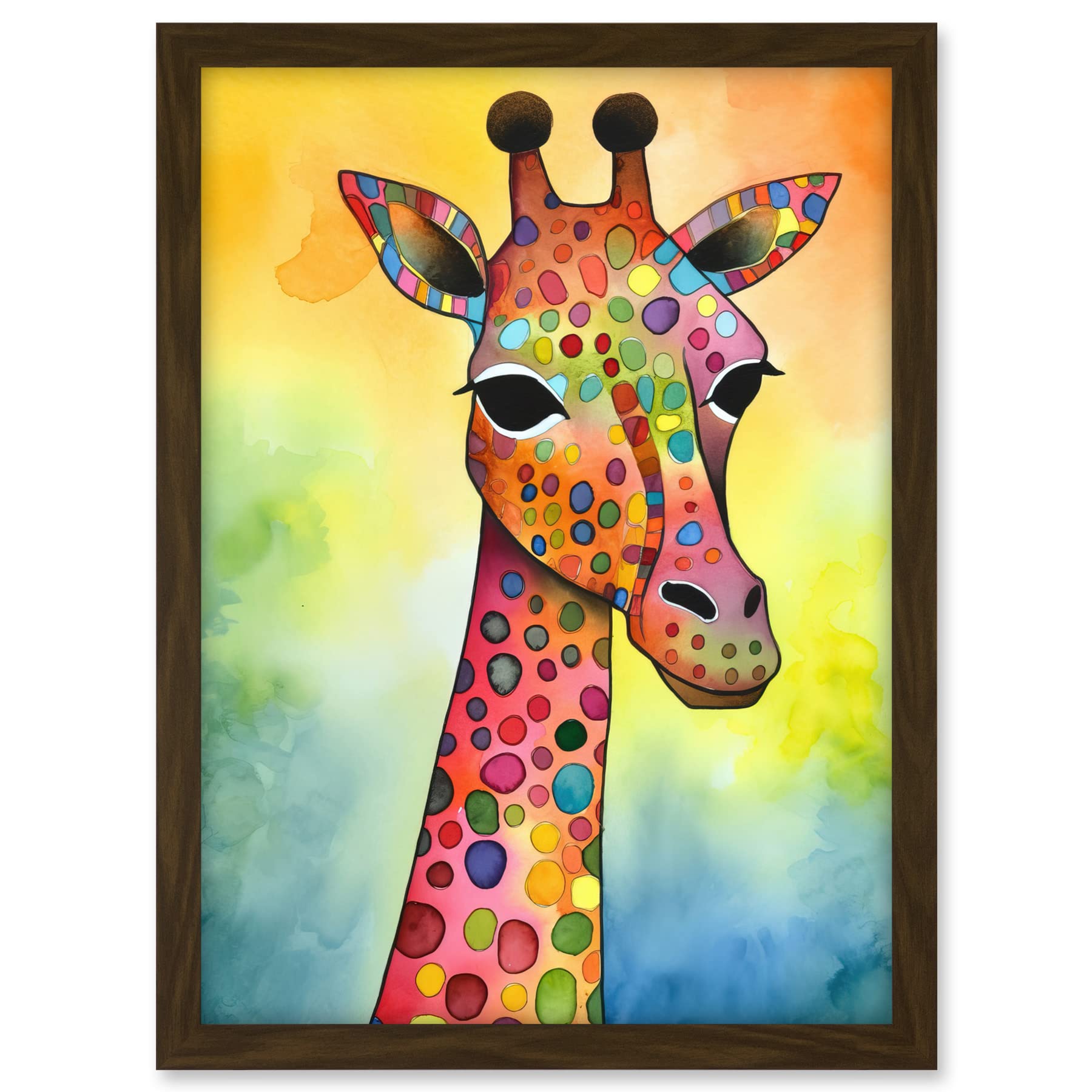 Artery8 Giraffe With Multicolour Pattern Folk Art Watercolour Painting Artwork Framed A3 Wall Art Print