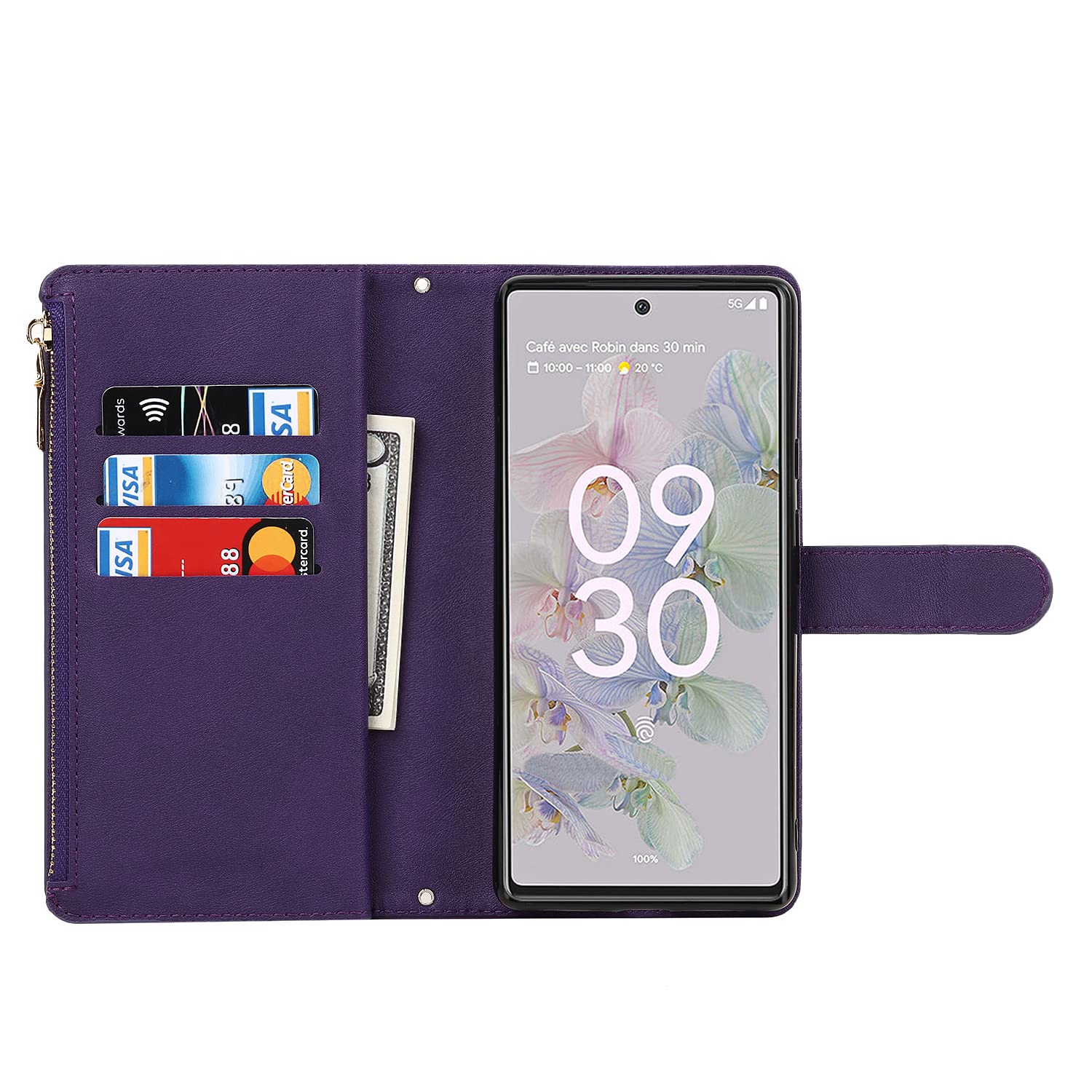 Cavor Cover In Vera Pelle Per Google Pixel 6A Con Portafoglio – 3 Slot Carte, RFID, Cordino Incluso, Flip, Azzurro - 3