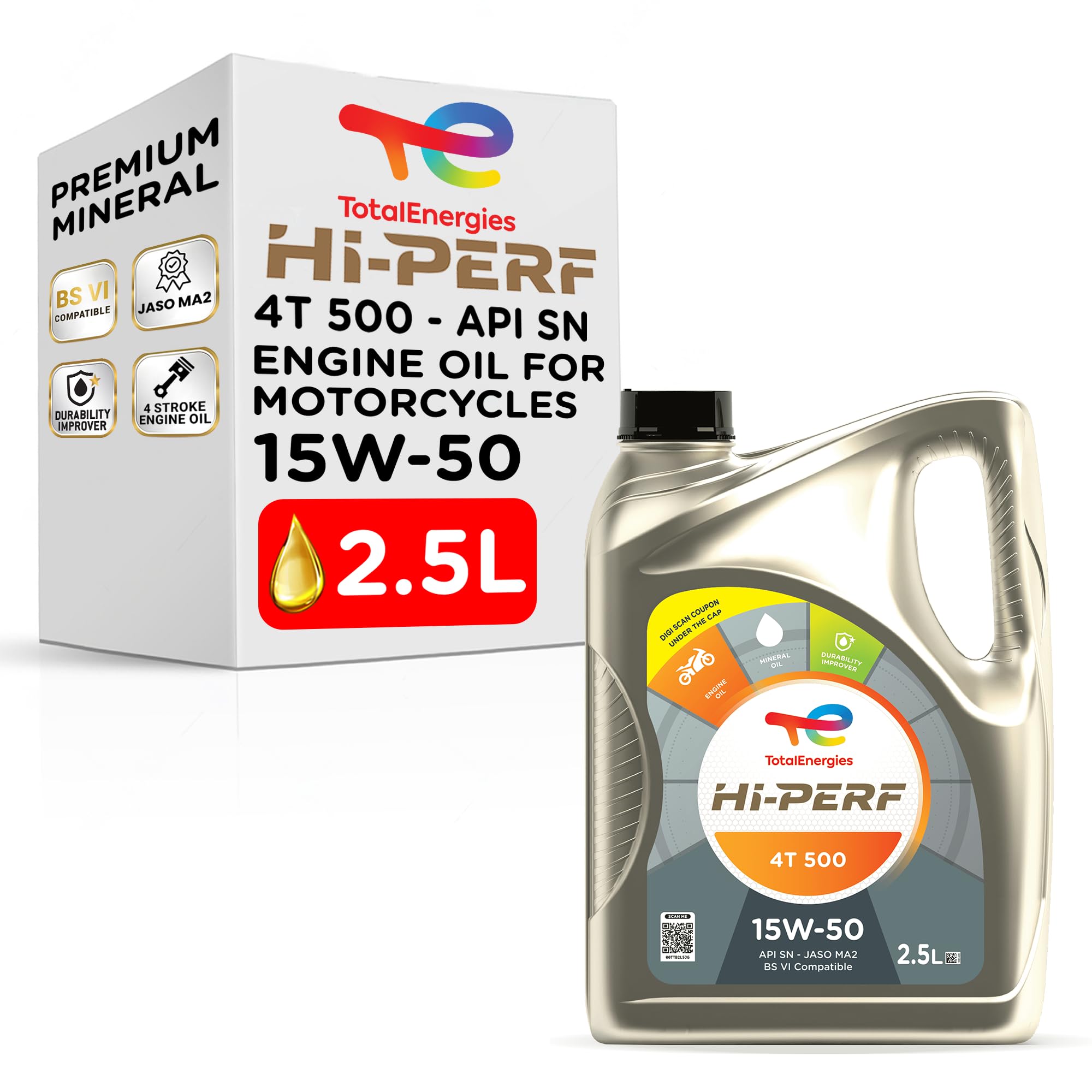 TotalEnergies- 15W50 Engine Oil For Motorcycles - Hi-Perf 4T 500 - API SN, JASO MA2 - Durability Improver - 4-Stroke Premium Mineral Motor Oil Lubricant - 2.5L-image-28