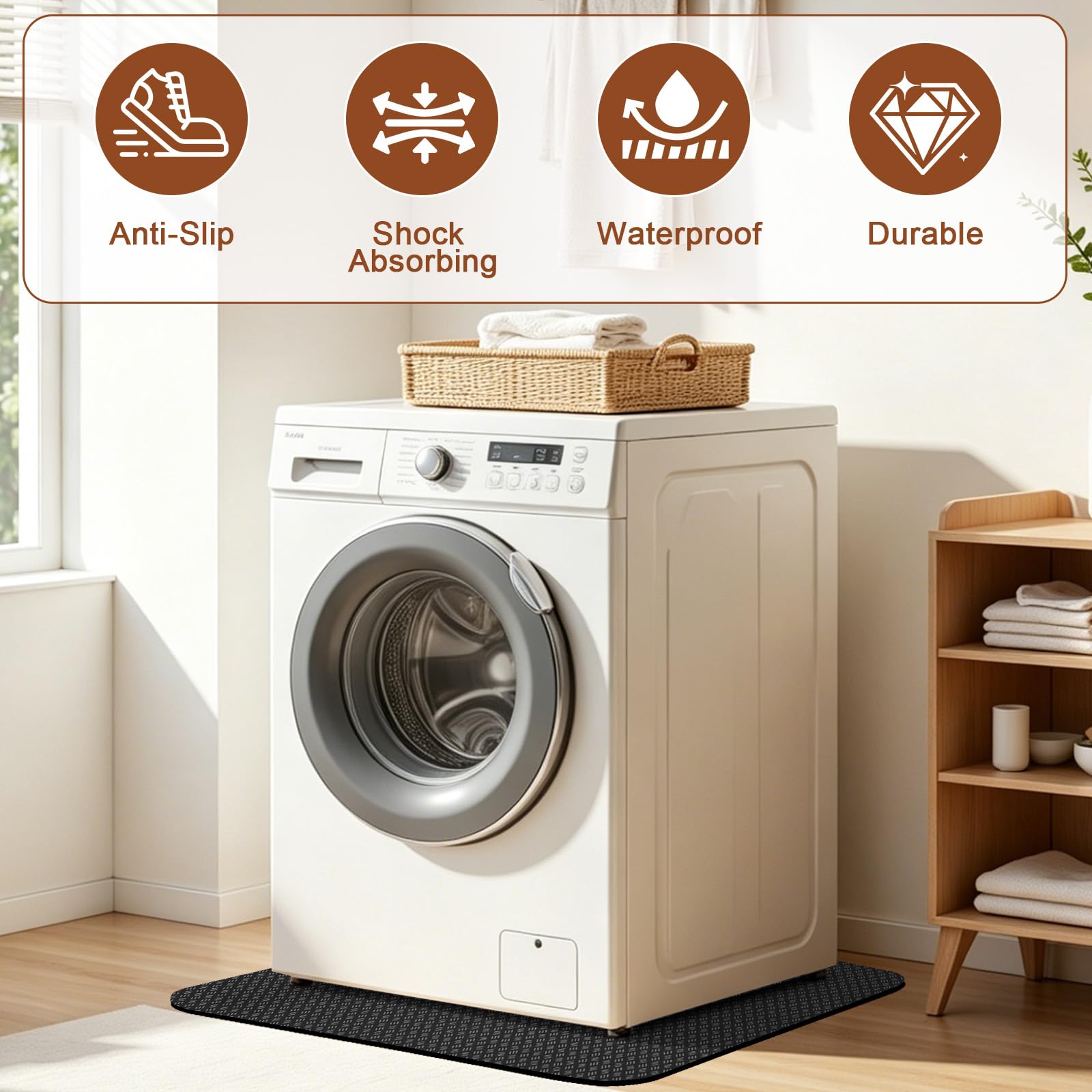 Tapis anti-vibrations pour machine à laver - 60 x 60 cm - Antidérapant en PVC - Absorbe les chocs - Imperméable et stable - Pour sèche-linge et appareils ménagers