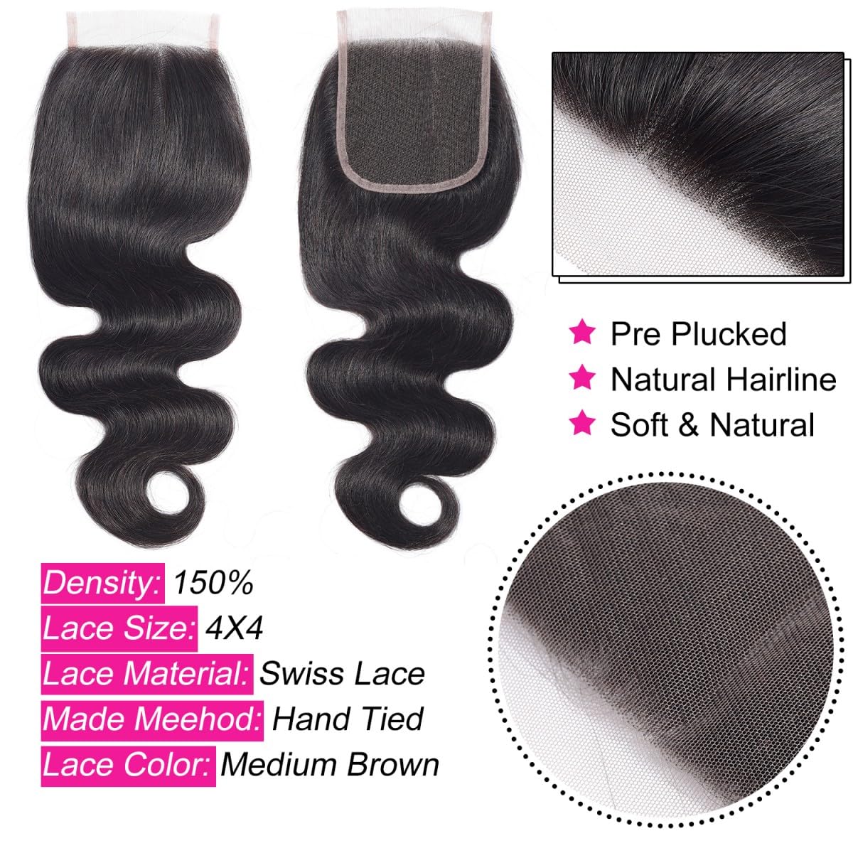 Sexycat Body Wave 4x4 Lace Closure Human Hair 10 Inch Natural Hairline Ear to Ear Lace Closure Pre Plucked with Baby Hair Natural Color - Image 4