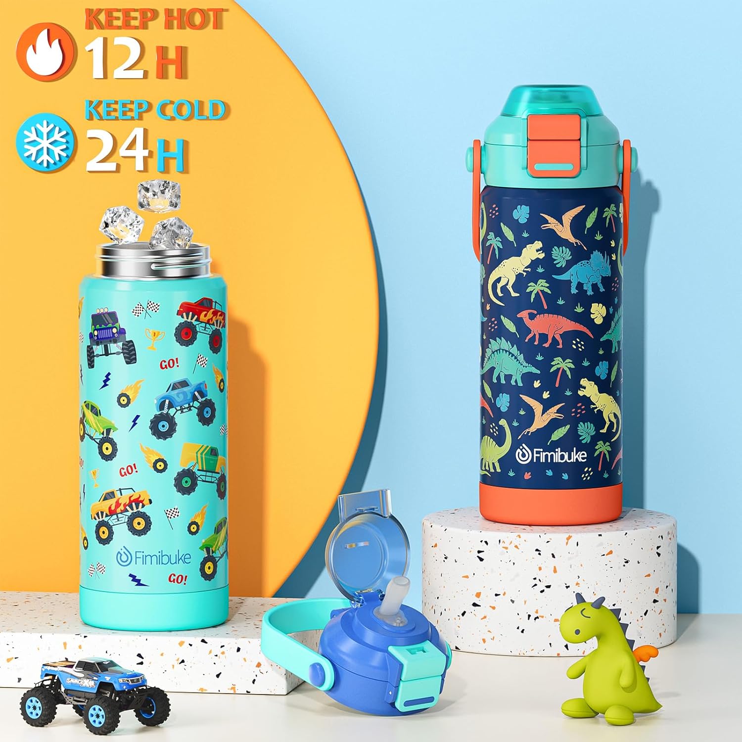 Fimibuke Kids Insulated Water Bottle with Pop-Open Straw & Spout 2-in-1 Lid, 18oz Leak Proof 18/8 Stainless Steel Vacuum Tumbler, BPA-Free Kids Cup For Travel School Boys Girls Toddler 2Packs Macaron - Image 4