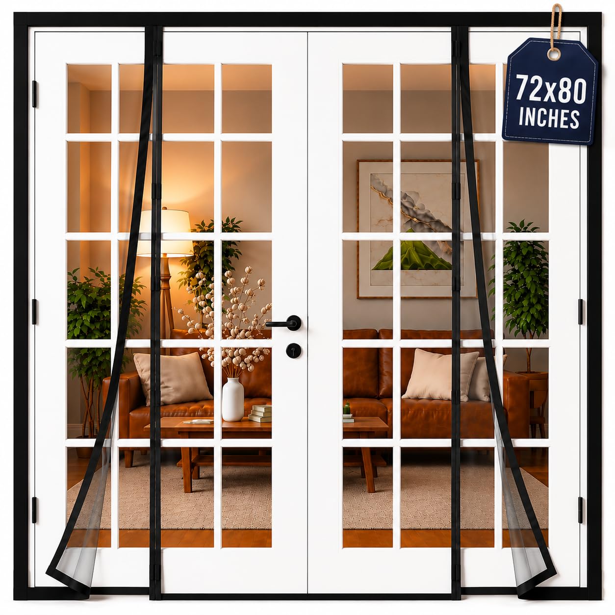 AUGO French Door Magnetic Screen Door - Self Sealing, Heavy Duty, Hands Free Mesh Partition Keeps Bugs Out - Pet and Kid Friendly - Patent Pending Keep Open Feature - 74 Inch x 81 Inch