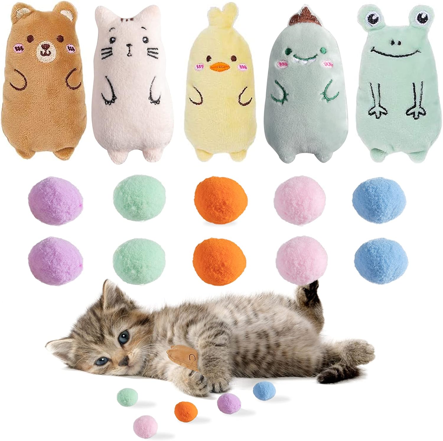 GIRLIBER Plush Cat Catnip Toys Indoor, 5 Pack Cute Stuffed Cat Toys with 10 Soft Kitten Pompon Balls, Cat Teething Chew Toys Set for…