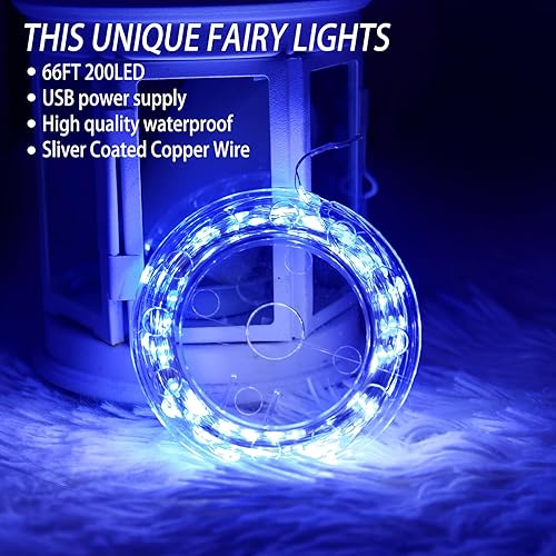 Miniatura 6 de Guirnalda de luces de 66 pies, 200 luces LED USB parpadeantes, luces de alambre plateado con control remoto y temporizador, 8 modos de iluminación,