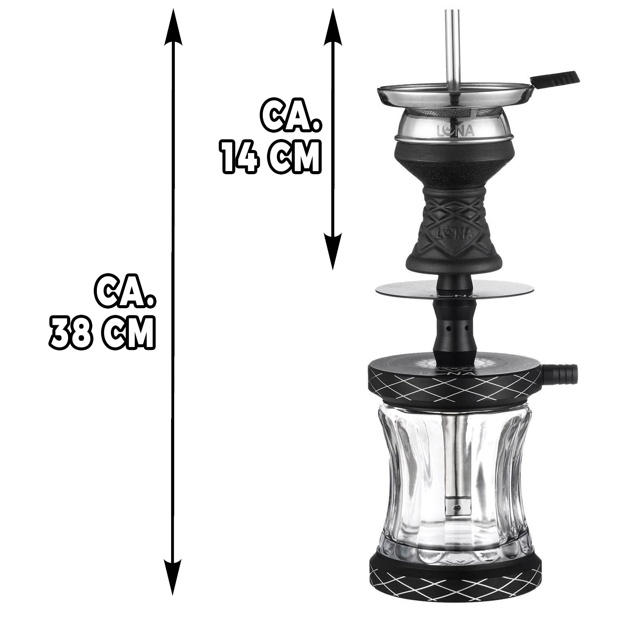 Luna Vacanza - Shisha de aluminio y acero inoxidable, pipa de agua, cabezal de chimenea, juego completo, tubo de inmersión con difusor, manguera de silicona, boquilla de aluminio, color negro