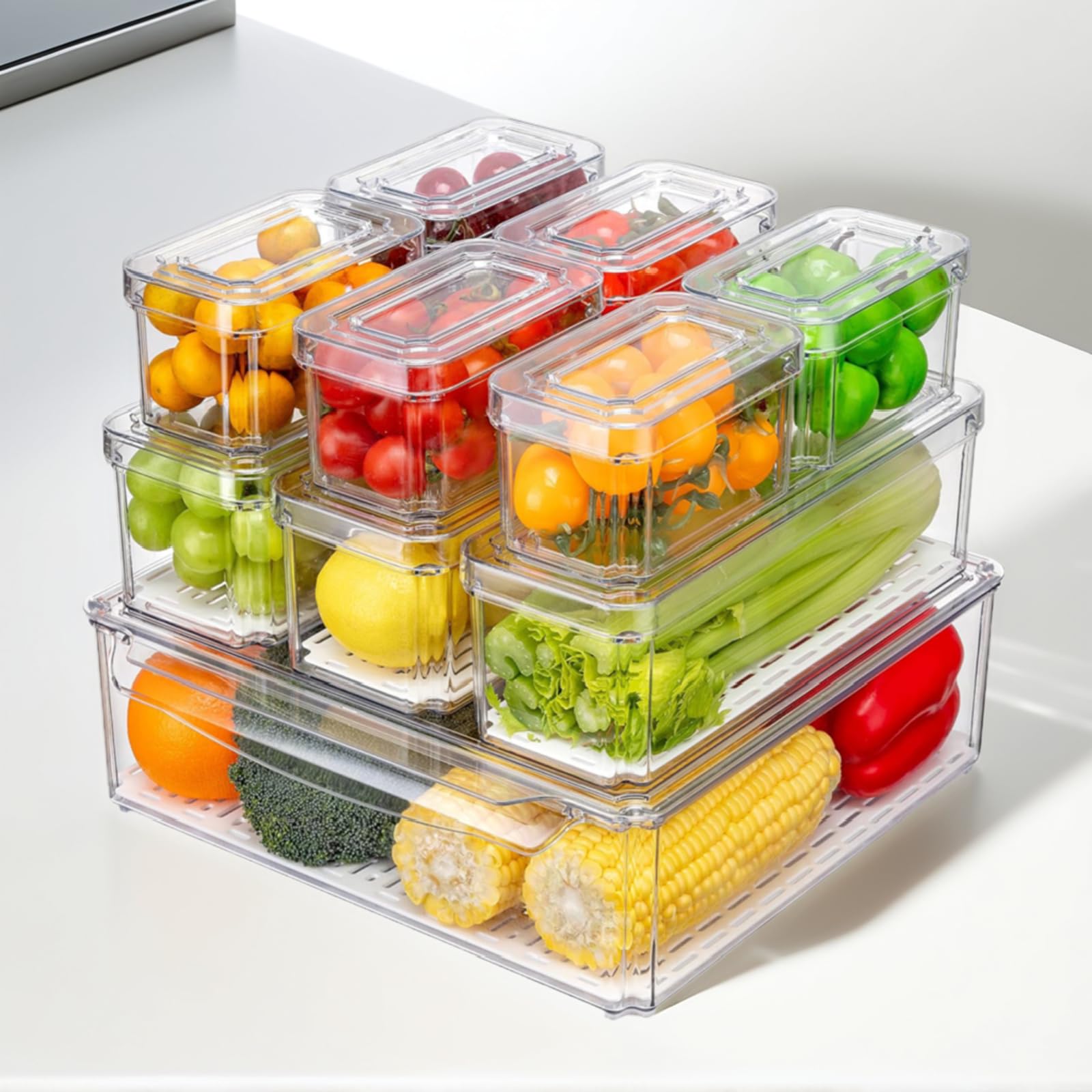 Kühlschrank-Organizer und Aufbewahrungsbehälter, transparent, BPA-frei, mit Deckel, stapelbare Lebensmittelbehälter für Obst, Gemüse, Snacks, Getränke, 10 Stück (1 groß + 3 mittel + 6 klein)