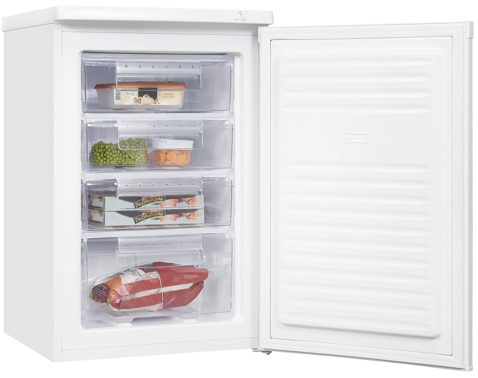 Exquisit GS80-040E Gefrierschrank - Standgerät mit 91 l Volumen, Weiß | Kompakter Tiefkühlschrank mit 3 Schubladen, 4-Sterne Gefrierleistung und wechselbarem Türanschlag - Ideal für kleine Küchen