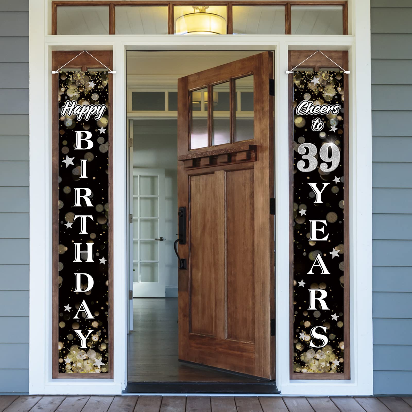 Photo 1 of Nelbiirth Happy 39th Birthday Decorations,39th Black & Silver Dream Star Birthday Theme Door Hanging Banner Sign - Cheers to 39 Years Old Bday Party Supplies.