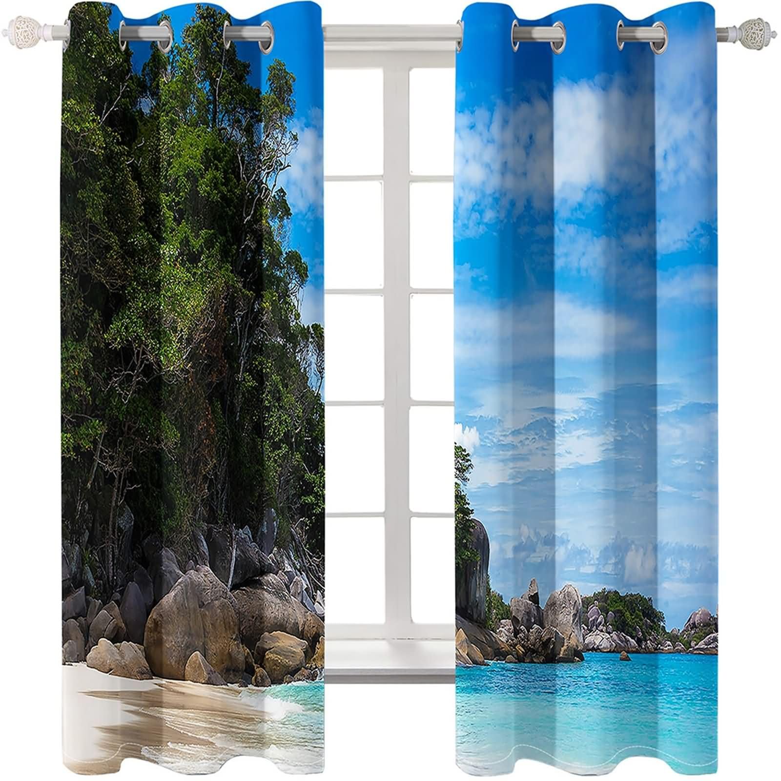 2 zasłony do pokoju dziecięcego, nieprzejrzyste, 2 x 102 x 160 cm (dł. x szer. x wys.), zestaw zasłon na przelotkach, na plażę palmową i niebo, krajobraz, niebieski, brązowy, zielony, zasłony do