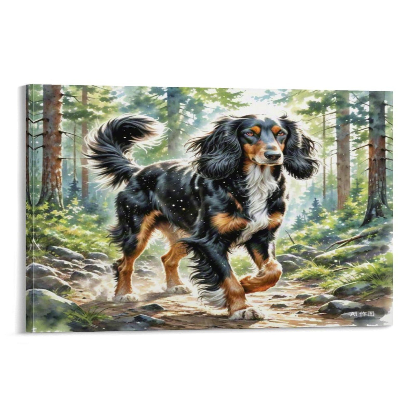 CPLVKWRQJ Snowy Mountain Dog Walk Single Piece Long Eared Dog Hiking Sunlit Forest Trail Canvas Print - Kitchen Canvas Wall Decor Easy to Clean Removable Focal Point 20x30inch(50x75cm)